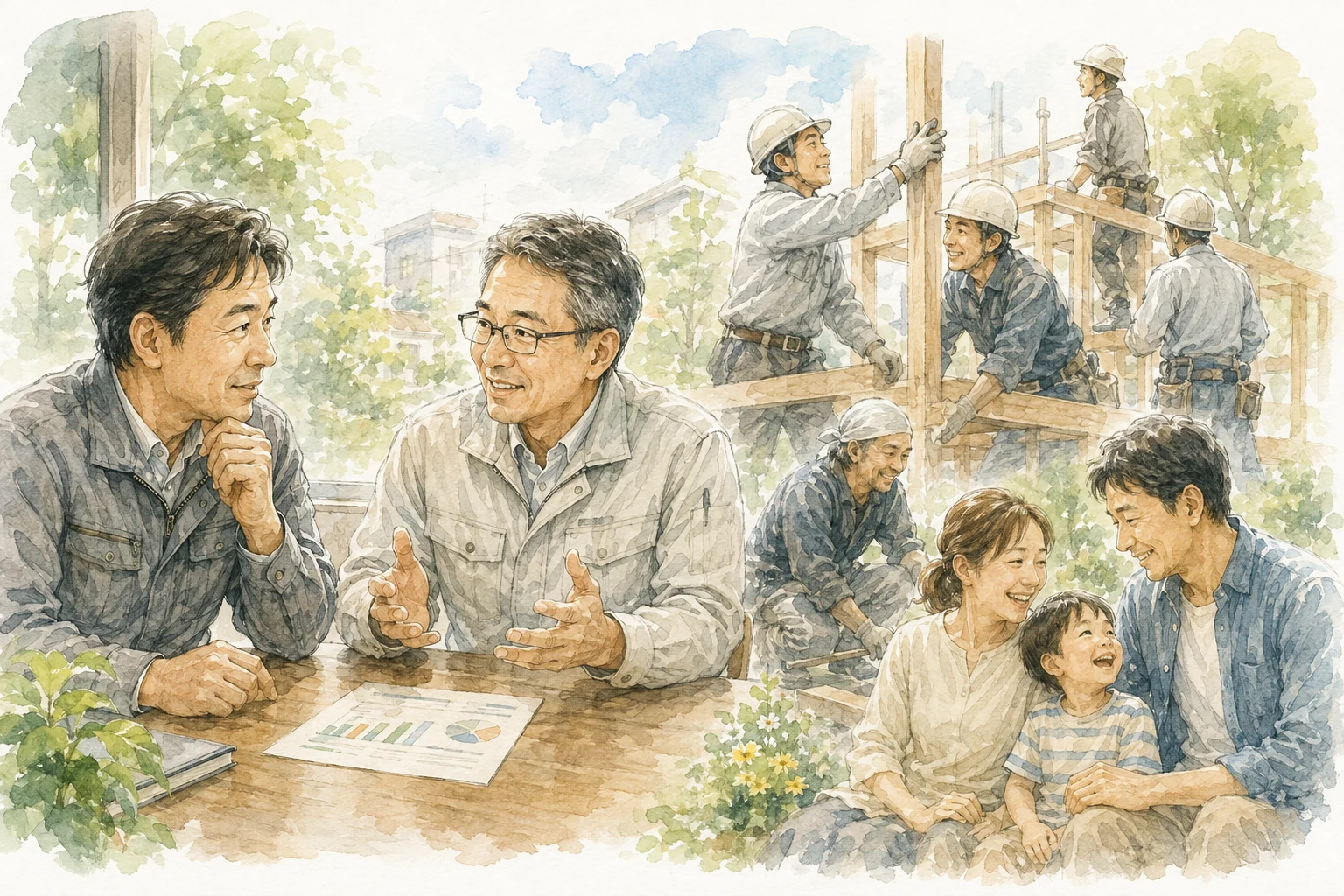 数字を囲んで対話する経営者と伴走者、協力して働く現場の人々、笑顔の家族を描いたイラスト