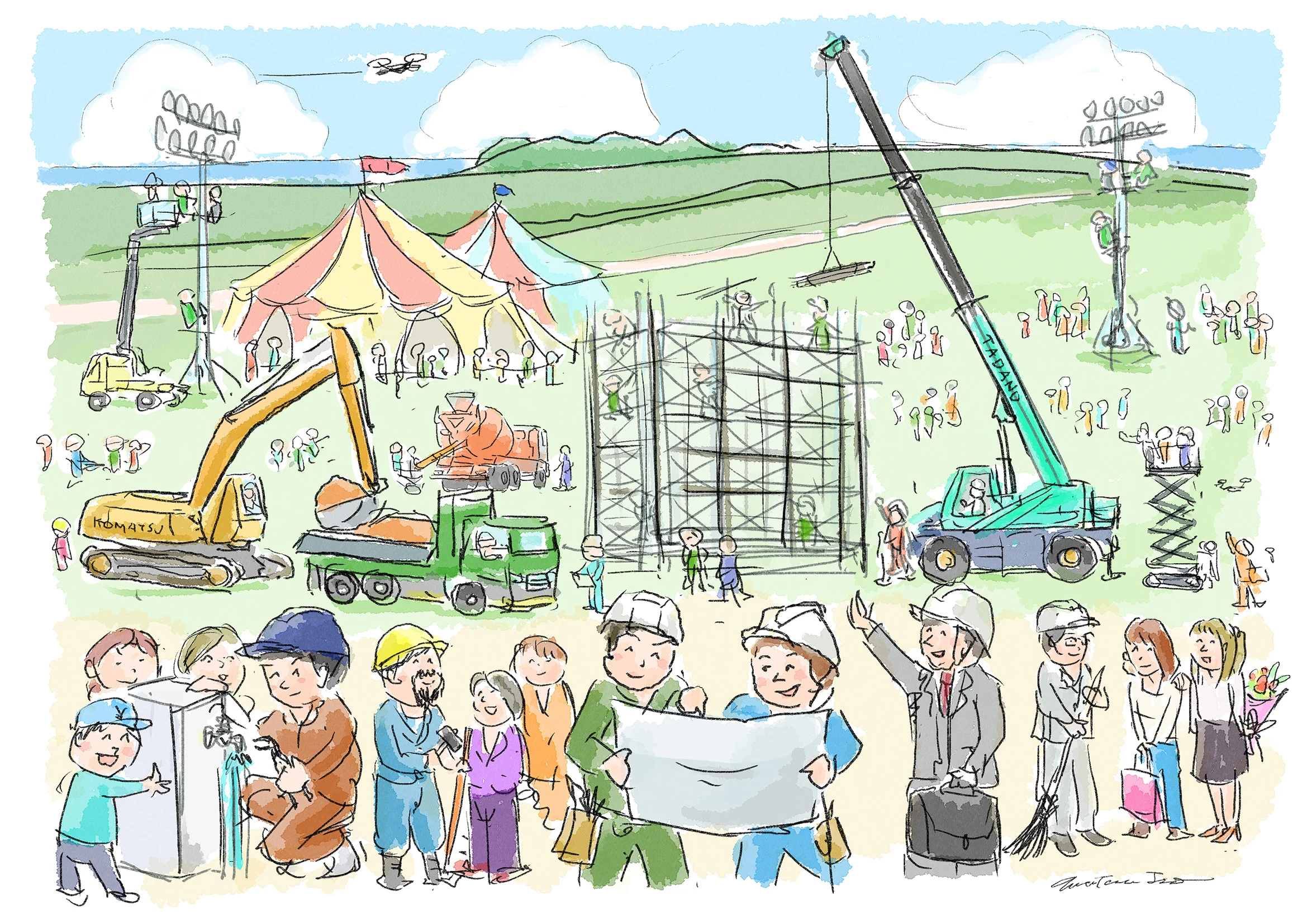 建設の仕事を楽しむ人々と家族、重機やサーカステントを描いたイラスト